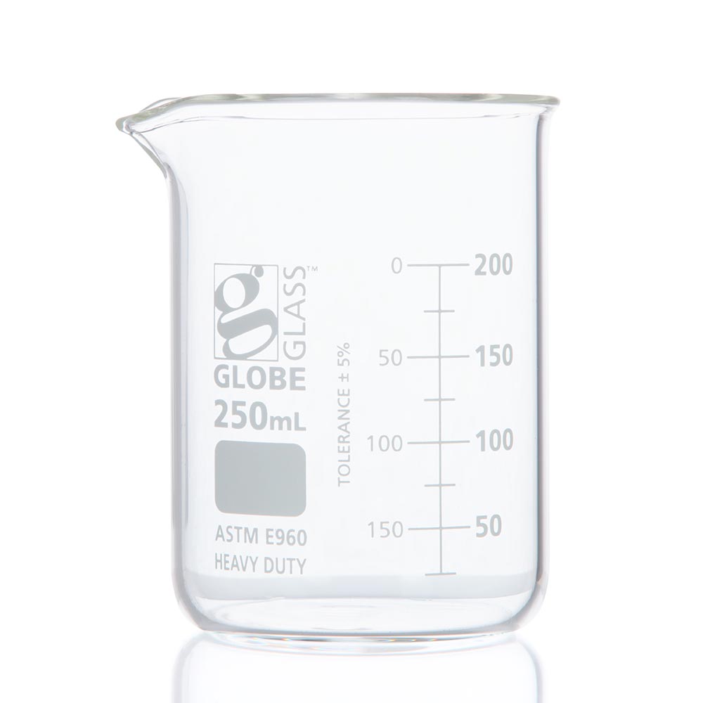 250Ml Beaker, Globe Glass, Low Form Griffin Style,Heavy Duty, Dual Graduations, 12/Pack