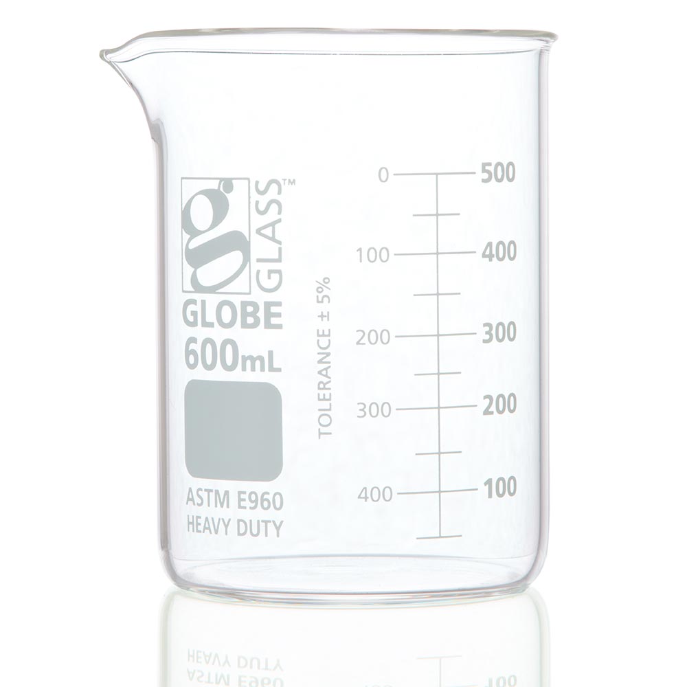 600Ml Beaker, Globe Glass, Low Form Griffin Style, Heavy Duty, Dual Graduations, 6/Pack