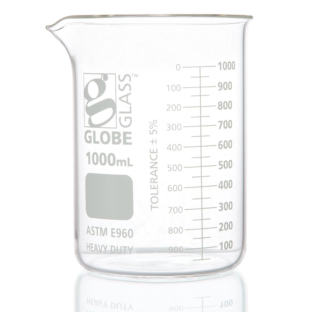 1000Ml Beaker, Globe Glass, Low Form Griffin Style, Heavy Duty, Dual Graduations, 6/Pack