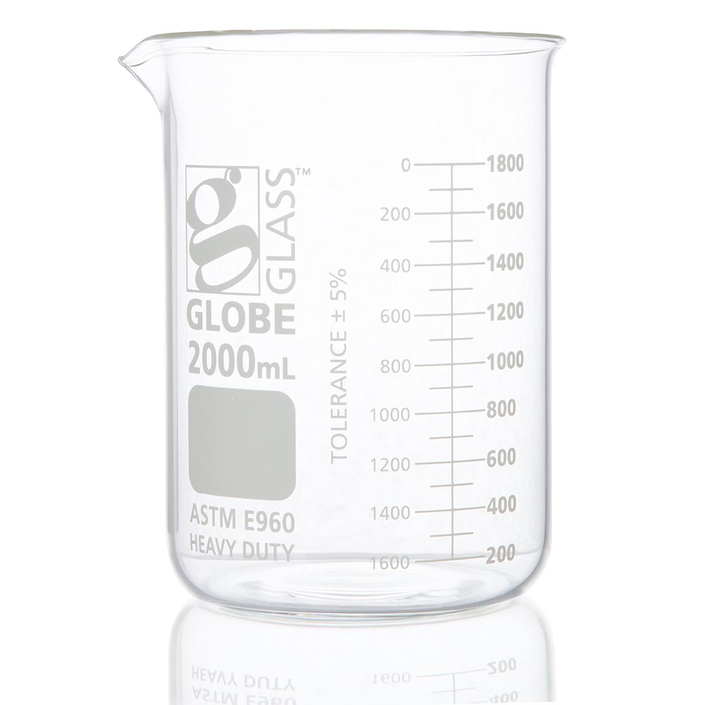 2000Ml Beaker, Globe Glass, Low Form Griffin Style, Heavy Duty, Dual Graduations, 4/Pack